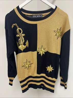 Escada Vintage Black and Gold Nautical Crewneck Sweater with Embroidered Stars